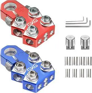 2 Pcs Lead Acid Battery Terminal Connectors, 12 Way Battery Terminal Clamps with OEM Top Post Adapter, 18AWG up to 4/0 AWG Gauge, Positive and Negative Set for SAE/DIN/EN Standard Tapered Top Post 2 Pcs Lead Acid Battery Terminal Connectors, 12 Way Battery Terminal Clamps with OEM Top Post Adapter, 18AWG up to 4/0 AWG Gauge, Positive and Negative Set for SAE/DIN/EN Standard Tapered Top Post