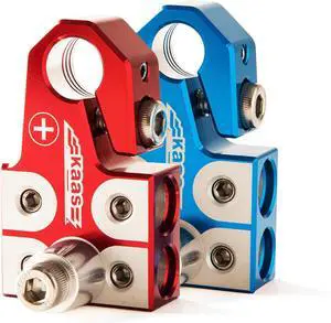 Lead Acid Battery Terminal Clamps, Positive and Negative Set, for SAE/DIN/EN Tapered Top Post, 4-Way Connectors, Compatible with 8AWG to 4/0 AWG, Includes OEM Top Post Adapter Lead Acid Battery Terminal Clamps, Positive and Negative Set, for SAE/DIN/EN Tapered Top Post, 4-Way Connectors, Compatible with 8AWG to 4/0 AWG, Includes OEM Top Post Adapter