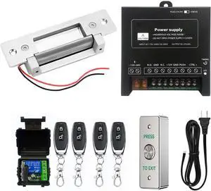 Remote Control Electric Strike Door Lock System, 2200lbs Fail Secure/Fail Safe Adjustable, Stainless Steel Exit Button, Access Control with Power Supply, 4 Remote Transmitters for Wood/Metal/PVC Doors Remote Control Electric Strike Door Lock System, 2200lbs Fail Secure/Fail Safe Adjustable, Stainless Steel Exit Button, Access Control with Power Supply, 4 Remote Transmitters for Wood/Metal/PVC Doors