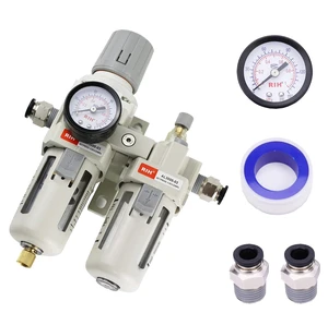 3/8" NPT Compressed Air Filter Regulator Lubricator Combo, Water/Oil Trap Separator, Gauge (0-150 psi), Semi-Auto Drain, Poly Bowl & Bracket, 3-in-1 Two Unit (3/8" NPT) 3/8" NPT Compressed Air Filter Regulator Lubricator Combo, Water/Oil Trap Separator, Gauge (0-150 psi), Semi-Auto Drain, Poly Bowl & Bracket, 3-in-1 Two Unit (3/8" NPT)