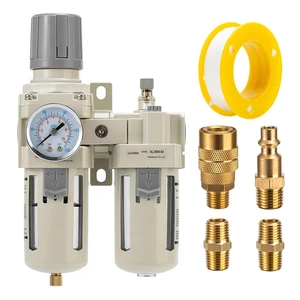 Air Compressor Filter Regulator Lubricator (FRL) Unit, 3/8 NPT Oil Water Separator with Pressure Gauge (0-150PSI) & Semi-Auto Drain for Pneumatic Systems Air Compressor Filter Regulator Lubricator (FRL) Unit, 3/8 NPT Oil Water Separator with Pressure Gauge (0-150PSI) & Semi-Auto Drain for Pneumatic Systems