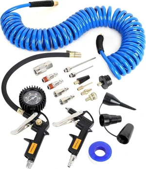16-Piece Heavy Duty Air Compressor Accessory Kit, 1/4 inch 25ft Recoil Poly Hose, 100PSI Tire Inflator Gauge, Blow Gun & Nozzles, 1/4" NPT Coupler & Plug Kit 16-Piece Heavy Duty Air Compressor Accessory Kit, 1/4 inch 25ft Recoil Poly Hose, 100PSI Tire Inflator Gauge, Blow Gun & Nozzles, 1/4" NPT Coupler & Plug Kit