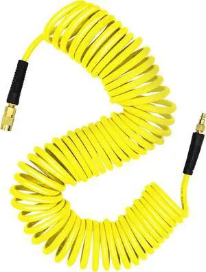Polyurethane Recoil Air Hose 3/8" Inner Diameter by 50' Long with Bend Restrictor, Repairable 1/4" Industrial Quick Coupler and Plug, Yellow Polyurethane Recoil Air Hose 3/8" Inner Diameter by 50' Long with Bend Restrictor, Repairable 1/4" Industrial Quick Coupler and Plug, Yellow