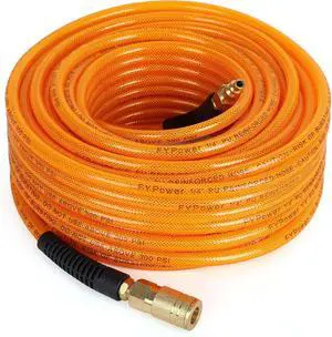 Air Compressor Hose 1/4 Inch x 100 Feet Flexeel Reinforced Polyurethane (PU) Air Hose with Fittings, Bend Restrictors, 1/4" Industrial Quick Coupler and Plug Kit Air Compressor Hose 1/4 Inch x 100 Feet Flexeel Reinforced Polyurethane (PU) Air Hose with Fittings, Bend Restrictors, 1/4" Industrial Quick Coupler and Plug Kit