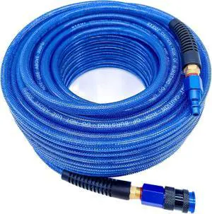 Polyurethane(PU) 1/4-Inch Reinforced,Air Hose with 1/4 Swivel Industrial Quick Coupler and Plug,Bend Restrictor (Dark Blue, 100FT) Polyurethane(PU) 1/4-Inch Reinforced,Air Hose with 1/4 Swivel Industrial Quick Coupler and Plug,Bend Restrictor (Dark Blue, 100FT)