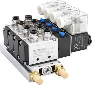 4 Station Solenoid Valve Manifold, 12V DC 5 Way 2 Position Pneumatic Air Valve, Four Solenoid, 1/4" PT Port, Includes Manifold Base & Mufflers, 4V210-08 4 Station Solenoid Valve Manifold, 12V DC 5 Way 2 Position Pneumatic Air Valve, Four Solenoid, 1/4" PT Port, Includes Manifold Base & Mufflers, 4V210-08