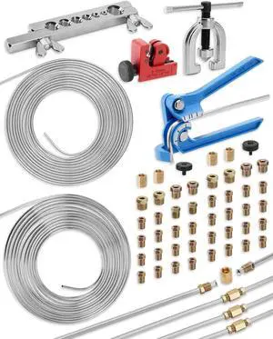 25 ft 3/16in &1/4in Zinc-Plated Brake Line Flaring Tool Kit, Includes 3-in-1 Tube Bender, Double & Single Flaring Tool Set, 1 Tube Cutter, 4 Threads Unions, 40 Fittings 25 ft 3/16in &1/4in Zinc-Plated Brake Line Flaring Tool Kit, Includes 3-in-1 Tube Bender, Double & Single Flaring Tool Set, 1 Tube Cutter, 4 Threads Unions, 40 Fittings