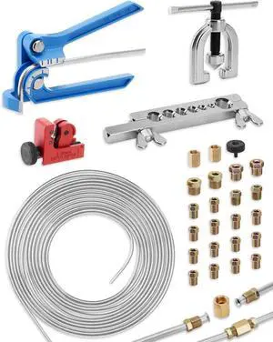 25 ft 3/16in Zinc-Plated Brake Line Flaring Tool Kit, Includes 3-in-1 Tube Bender, Double & Single Flaring Tool Set, 1 Tube Cutter, 2 Threads Unions, 20 Fittings 25 ft 3/16in Zinc-Plated Brake Line Flaring Tool Kit, Includes 3-in-1 Tube Bender, Double & Single Flaring Tool Set, 1 Tube Cutter, 2 Threads Unions, 20 Fittings