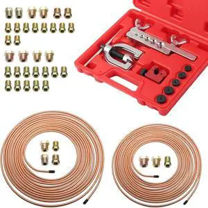 25Ft 1/4" and 3/16" Brake Line Kit,Single & Double Brake Line Flaring Tool Kit with 32 Inverted Fittings and Brakes Flare Tool Kits,Copper Plated Brakes Lines Repair Kits 25Ft 1/4" and 3/16" Brake Line Kit,Single & Double Brake Line Flaring Tool Kit with 32 Inverted Fittings and Brakes Flare Tool Kits,Copper Plated Brakes Lines Repair Kits