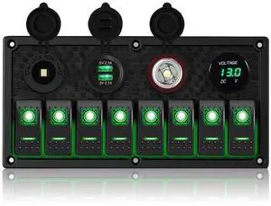 Marine Switch Panel, 8 Gang Rocker Switch Panel12/24V Toggle Switch Panel with LED Digital Voltmeter 3.1A Dual USB Charger for Automotive Cars Marine Boats RV (Green, 8 Gang) Marine Switch Panel, 8 Gang Rocker Switch Panel12/24V Toggle Switch Panel with LED Digital Voltmeter 3.1A Dual USB Charger for Automotive Cars Marine Boats RV (Green, 8 Gang)