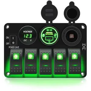 Waterproof Rocker Switch Panel Green 5 Gang with QC3.0 USB & Type-C Slot Socket + Cigarette Lighter +LED Voltmeter with Power Save for Car Rv Marine Boat Truck Waterproof Rocker Switch Panel Green 5 Gang with QC3.0 USB & Type-C Slot Socket + Cigarette Lighter +LED Voltmeter with Power Save for Car Rv Marine Boat Truck