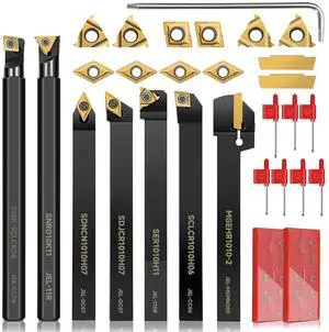 Indexable Lathe Turning Tool 21Pcs Kit 3/8'' 10mm Shank 7Pcs Metal Lathe Tools Holder Set with 14Pcs Turning Inserts for Turning Grooving Threading Boring Carbide Inserts Carbide Turning Tool Indexable Lathe Turning Tool 21Pcs Kit 3/8'' 10mm Shank 7Pcs Metal Lathe Tools Holder Set with 14Pcs Turning Inserts for Turning Grooving Threading Boring Carbide Inserts Carbide Turning Tool