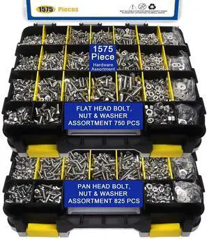 1575 PCS Nuts and Bolts Assortment Kit, Stainless Steel Phillips Pan Head & Flat Head Screws, Assorted Nuts Bolts Washers with Double Sided Organizer Box 1575 PCS Nuts and Bolts Assortment Kit, Stainless Steel Phillips Pan Head & Flat Head Screws, Assorted Nuts Bolts Washers with Double Sided Organizer Box