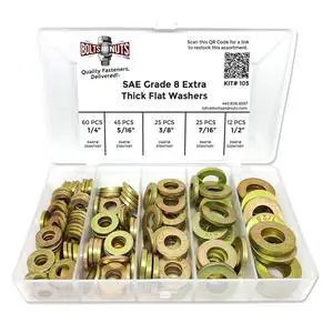 1/4" 5/16" 3/8" 7/16" 1/2" Grade 8 SAE Extra Thick Flat Washer Assortment Kit - 168 Pieces! 1/4" 5/16" 3/8" 7/16" 1/2" Grade 8 SAE Extra Thick Flat Washer Assortment Kit - 168 Pieces!