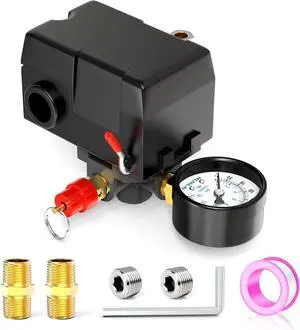 Air Compressor Pressure Switch Control Valve 110-150 PSI 110V-240V 4-way Replacement Parts With 0-200 Pressure gauge and Safety Pressure Relief Valve Air Compressor Pressure Switch Control Valve 110-150 PSI 110V-240V 4-way Replacement Parts With 0-200 Pressure gauge and Safety Pressure Relief Valve