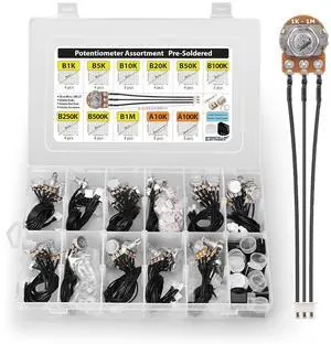 Potentiometer Assortment pre-Wired B1K B5K B10K B20K B50K B100K B250K B500K B1M (Linear) A10K A100K (Audio Log) prefabed, pre-soldered incl. Knobs, Dust Seals, 3-pin 0.1 inch Connectors, 48 pcs Potentiometer Assortment pre-Wired B1K B5K B10K B20K B50K B100K B250K B500K B1M (Linear) A10K A100K (Audio Log) prefabed, pre-soldered incl. Knobs, Dust Seals, 3-pin 0.1 inch Connectors, 48 pcs