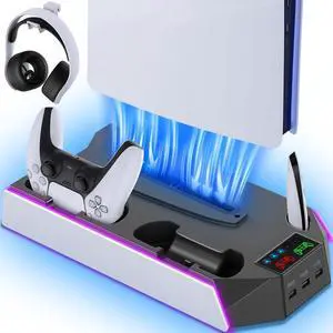 PS5/PS5-Slim-Cooling-Station-with-Controller-Charging-Station for PlayStation 5 Console Disc/Digital, LED Light Cooling Stand with Cooler Fan for PS5 Accessories with 3 USB Hubs/Headset Holder PS5/PS5-Slim-Cooling-Station-with-Controller-Charging-Station for PlayStation 5 Console Disc/Digital, LED Light Cooling Stand with Cooler Fan for PS5 Accessories with 3 USB Hubs/Headset Holder