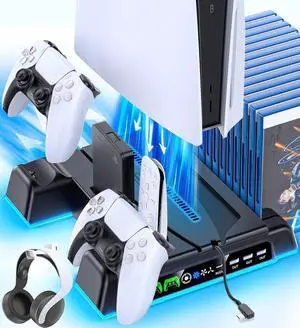 PS5/ Slim/Pro Stand for Disc & Digital Console, PS 5 Cooling Station with Dual Controller Charging Station for PlayStation 5 Console, 3-Level Fan PS5 Controller Charger Accessories Stand-Black PS5/ Slim/Pro Stand for Disc & Digital Console, PS 5 Cooling Station with Dual Controller Charging Station for PlayStation 5 Console, 3-Level Fan PS5 Controller Charger Accessories Stand-Black