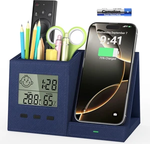 Desk Organizer with Wireless Charger, Digital Clock, Thermometer & Hygrometer - Multi-Functional Pencil Holder Storage Caddy for Home, Office, Men & Women (Battery Included) Desk Organizer with Wireless Charger, Digital Clock, Thermometer & Hygrometer - Multi-Functional Pencil Holder Storage Caddy for Home, Office, Men & Women (Battery Included)