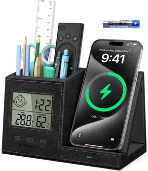 Multi-Functional Pen & Pencil Desk Organizer with Built-in Digital Indoor Thermometer & Humidity Monitor, Vegan Leather for Home Office Supplies, Black Multi-Functional Pen & Pencil Desk Organizer with Built-in Digital Indoor Thermometer & Humidity Monitor, Vegan Leather for Home Office Supplies, Black