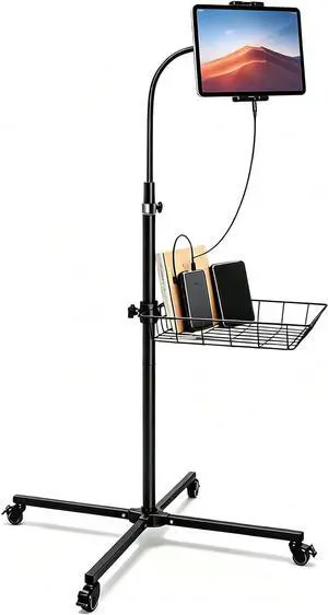 Rolling Tablet Floor Stand with Industrial Wheels & Storage Basket, Adjustable Height Gooseneck Tablet Stand Floor Holder for iPad Pro 12.9, Air, Mini, Cell Phones (Large) Rolling Tablet Floor Stand with Industrial Wheels & Storage Basket, Adjustable Height Gooseneck Tablet Stand Floor Holder for iPad Pro 12.9, Air, Mini, Cell Phones (Large)