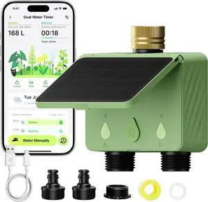 Solar WiFi Water Timer for Garden Hose, 2-Zone Sprinkler Controller with Flow Meter, Smart Irrigation System with Rain Delay, Brass Inlet, APP & Voice Control, No Hub Required Solar WiFi Water Timer for Garden Hose, 2-Zone Sprinkler Controller with Flow Meter, Smart Irrigation System with Rain Delay, Brass Inlet, APP & Voice Control, No Hub Required