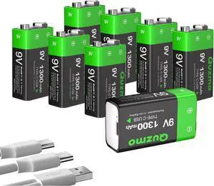 8-Pack Rechargeable 9V Batteries, 1300mAh 9 Volt Lithium-ion Long Lasting Power, USB-C Recharge with 2 in 1 Charging Cable for Smoke Alarms,Multimeters,Microphones,Walkie-Talkie,Toys 8-Pack Rechargeable 9V Batteries, 1300mAh 9 Volt Lithium-ion Long Lasting Power, USB-C Recharge with 2 in 1 Charging Cable for Smoke Alarms,Multimeters,Microphones,Walkie-Talkie,Toys