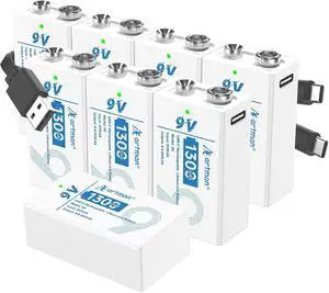 Artman Rechargeable 9V Batteries 8 Pack, 1300mAh 9 Volt Rechargeable Battery with 2-in-1 USB-C Fast Charging Cable, 9V Lithium Battery for Amoke Alarms, Smoke Detector, Microphones, 1200+ Cycle Life Artman Rechargeable 9V Batteries 8 Pack, 1300mAh 9 Volt Rechargeable Battery with 2-in-1 USB-C Fast Charging Cable, 9V Lithium Battery for Amoke Alarms, Smoke Detector, Microphones, 1200+ Cycle Life