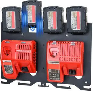 3-in-1 Metal Wall Mount Rack for Milwaukee Battery, Charger & Drill | 4-M18 Battery Capacity | Fits M12-18C/FC and M18 DFC Chargers | Alloy Steel Material | Space-Saving Wall-Mounted Storage 3-in-1 Metal Wall Mount Rack for Milwaukee Battery, Charger & Drill | 4-M18 Battery Capacity | Fits M12-18C/FC and M18 DFC Chargers | Alloy Steel Material | Space-Saving Wall-Mounted Storage