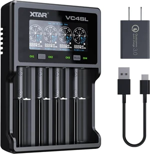VC4SL 3A Fast Charger 4-Bay, 18W QC3.0 Adapter Included, LCD Battery Analyzer for Li-ion 21700 18650 & NiMH AA/AAA Rechargeable Batteries VC4SL 3A Fast Charger 4-Bay, 18W QC3.0 Adapter Included, LCD Battery Analyzer for Li-ion 21700 18650 & NiMH AA/AAA Rechargeable Batteries