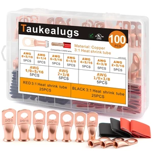 100PCS Battery Copper Terminal Connectors Cable Ring Lugs Kit, AWG8 6 4 2 1/0 Gauge 5/16 3/8 Crimp Wire Ends with 3:1 Heat Shrink Tubing Assortment 100PCS Battery Copper Terminal Connectors Cable Ring Lugs Kit, AWG8 6 4 2 1/0 Gauge 5/16 3/8 Crimp Wire Ends with 3:1 Heat Shrink Tubing Assortment