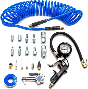 20-Piece Heavy Duty Air Compressor Accessory Kit 1/4" x 25ft Polyurethane Hose, 100 PSI Tire Inflator Gauge, Air Blow Gun & Hose Fittings 20-Piece Heavy Duty Air Compressor Accessory Kit 1/4" x 25ft Polyurethane Hose, 100 PSI Tire Inflator Gauge, Air Blow Gun & Hose Fittings