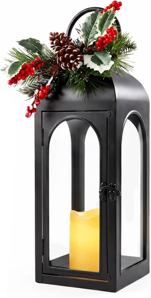 16 Inch Black Metal Christmas Lantern with Remote LED Candle and Timer 16 Inch Black Metal Christmas Lantern with Remote LED Candle and Timer