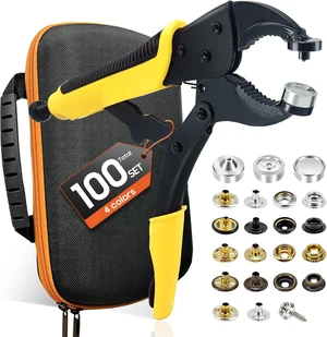 Heavy Duty Snap Fastener Tool kit, Punching Function, Snap Button Tool with Adjustable Setter, 15mm snap Tool with 100 Sets Boat Cover Snaps Heavy Duty Snap Fastener Tool kit, Punching Function, Snap Button Tool with Adjustable Setter, 15mm snap Tool with 100 Sets Boat Cover Snaps