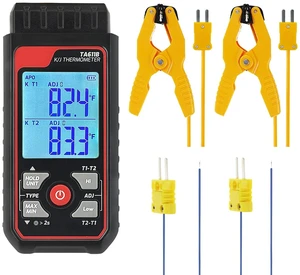 Digital K Type Thermocouple Thermometer (-328~2500), Dual Channels Thermometer with 2 HVAC Temperature Clamps & 2 Wired Thermocouple Probes, LED Backlight & ADJ Compensation Temperature Meter Tester Digital K Type Thermocouple Thermometer (-328~2500), Dual Channels Thermometer with 2 HVAC Temperature Clamps & 2 Wired Thermocouple Probes, LED Backlight & ADJ Compensation Temperature Meter Tester