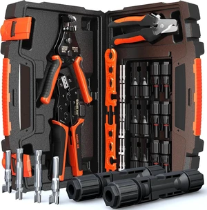 Solar Connector Crimping Tool Kit, 14-10 AWG Crimper for Solar Panel Cables Connectors, Toolbox Kit with 6 Pairs of Solar Connectors and Wrenches, Strippers, Crimpers and Cable Cutter Solar Connector Crimping Tool Kit, 14-10 AWG Crimper for Solar Panel Cables Connectors, Toolbox Kit with 6 Pairs of Solar Connectors and Wrenches, Strippers, Crimpers and Cable Cutter