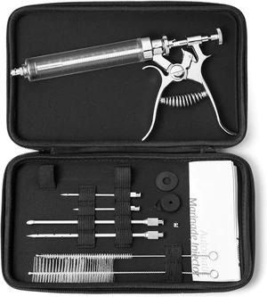 Professional Automatic BBQ Meat Marinade Injector Gun Kit with Case, 2 oz Large Capacity Barrel and 4 Commercial Grade Marinade Needles. Professional Automatic BBQ Meat Marinade Injector Gun Kit with Case, 2 oz Large Capacity Barrel and 4 Commercial Grade Marinade Needles.
