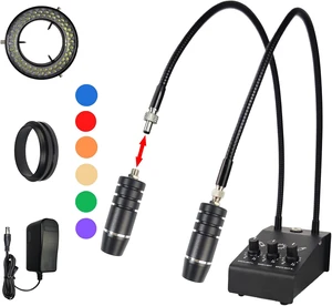 Microscope Light 6W 6500K Dual Gooseneck Spotlight with Adjustable Lights Microscope 64 LED Ring Illuminator Source for Industrial Digital Stereo Microscope Camera, PCB Repair, Soldering Microscope Light 6W 6500K Dual Gooseneck Spotlight with Adjustable Lights Microscope 64 LED Ring Illuminator Source for Industrial Digital Stereo Microscope Camera, PCB Repair, Soldering