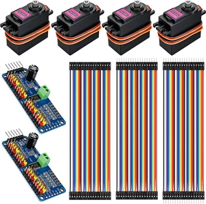 MG996R Servo Kit, 4x Metal Gear Servos with 2 PCA9685 Drivers & 120 Jumper Wires for RC Robot MG996R Servo Kit, 4x Metal Gear Servos with 2 PCA9685 Drivers & 120 Jumper Wires for RC Robot