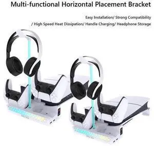 Horizontal Cooling Stand for 5 Slim Console Holder with Dual Controller Charger Stand Headphone Hanger for PS5 Slim Horizontal Cooling Stand for 5 Slim Console Holder with Dual Controller Charger Stand Headphone Hanger for PS5 Slim