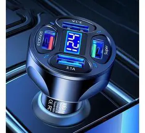 66W Multi Port Car Charger Adapter with Voltage Monitor, 4 USB QC3.0 Super Fast Charge Cigarette Lighter USB Charger, Compatible with iPhone/Android/Samsung/iPad Pro/and More (Black) 66W Multi Port Car Charger Adapter with Voltage Monitor, 4 USB QC3.0 Super Fast Charge Cigarette Lighter USB Charger, Compatible with iPhone/Android/Samsung/iPad Pro/and More (Black)