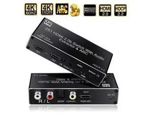 4K@60Hz HDMI Switch 2x1, 2 Port HDMI2.0b Switch Box with Optical Toslink SPDIF/Coaxial/3.5mm R/L Audio Out, HDMI Selector Switch with Remote(OZV2) 4K@60Hz HDMI Switch 2x1, 2 Port HDMI2.0b Switch Box with Optical Toslink SPDIF/Coaxial/3.5mm R/L Audio Out, HDMI Selector Switch with Remote(OZV2)