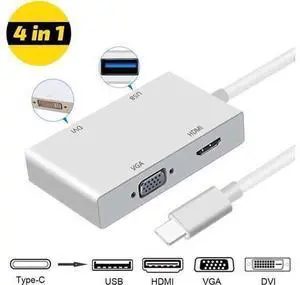 USB-C to HDMI VGA DVI Adapter with USB 3.0 Port - Type C (Thunderbolt 3 Compatible) 4-in-1 Cable Adapter for Surface Book 2, Galaxy S9 and More USB-C to HDMI VGA DVI Adapter with USB 3.0 Port - Type C (Thunderbolt 3 Compatible) 4-in-1 Cable Adapter for Surface Book 2, Galaxy S9 and More