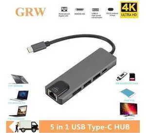 XJYLCPC 5 in 1 USB 3.1 Type C Hub HDTV -Compatible 4K USB C Hub to Gigabit Ethernet Rj45 Lan Adapter for Mac book Pro Thunderbolt 3 XJYLCPC 5 in 1 USB 3.1 Type C Hub HDTV -Compatible 4K USB C Hub to Gigabit Ethernet Rj45 Lan Adapter for Mac book Pro Thunderbolt 3