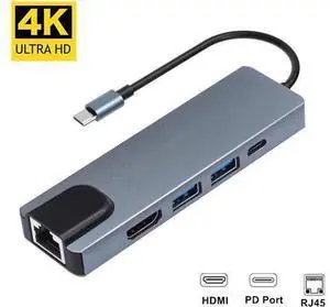 Type C To Hd Rj45 Pd Adapter Usb 3.0 Hub Ethernet Rj45 Lan 5 In 1 Usb C Hub For Macbook Pro Thunderbolt 3 Converter Type C To Hd Rj45 Pd Adapter Usb 3.0 Hub Ethernet Rj45 Lan 5 In 1 Usb C Hub For Macbook Pro Thunderbolt 3 Converter