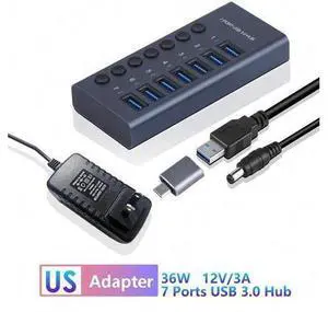 7-Port Powered USB 3.0 Hub 36W with 7 USB 3.0 Data Ports, Aluminum USB Splitter for Laptop/PC, work for Mouse, Keyboard, Hard Drive or More USB Devices 7-Port Powered USB 3.0 Hub 36W with 7 USB 3.0 Data Ports, Aluminum USB Splitter for Laptop/PC, work for Mouse, Keyboard, Hard Drive or More USB Devices