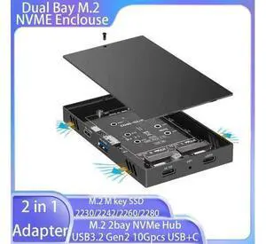 2 in 1 Dual Bay M.2 NVME Enclouse M.2 2bay NVMe Hub USB3.2 Gen2 10Gpcs USB+C Supports M.2 M key SSD 2230/2242/2260/2280 Adapter 2 in 1 Dual Bay M.2 NVME Enclouse M.2 2bay NVMe Hub USB3.2 Gen2 10Gpcs USB+C Supports M.2 M key SSD 2230/2242/2260/2280 Adapter