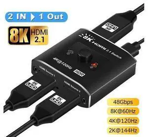 8K HDMI 2.1 Switch, Ultra HD 4K@120Hz 2 in 1 Out, Support High Speed 48Gbps 8K@60Hz for PS4/PS5, Xbox Series X (OZ8Q2B) 8K HDMI 2.1 Switch, Ultra HD 4K@120Hz 2 in 1 Out, Support High Speed 48Gbps 8K@60Hz for PS4/PS5, Xbox Series X (OZ8Q2B)