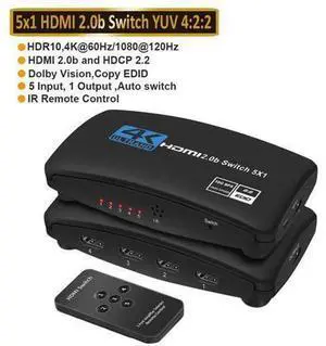 HDMI 2.0 Switcher 5 in 1 out 4K 60Hz 2K 120Hz Switch Splitter adapter IR Remote For PS5 PS4 Projector Supports Ultra HD Dolby Vision, 18.5Gbps, HDR10, HDCP 2.2 & 3D - OZQ3-5 HDMI 2.0 Switcher 5 in 1 out 4K 60Hz 2K 120Hz Switch Splitter adapter IR Remote For PS5 PS4 Projector Supports Ultra HD Dolby Vision, 18.5Gbps, HDR10, HDCP 2.2 & 3D - OZQ3-5