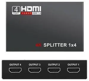 HDMI Splitter 1 in 4 out Full Ultra HD 1080P 4K/2K 1X4 Port Box Hub with US Adapter v1.4 Powered Certified for 3D Support HDMI Splitter 1 in 4 out Full Ultra HD 1080P 4K/2K 1X4 Port Box Hub with US Adapter v1.4 Powered Certified for 3D Support